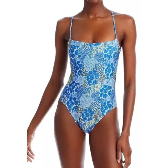 Peixoto Sz L Swimsuit Blue Floral Print Strappy One Piece Boho Preppy Beach - Picture 1 of 6